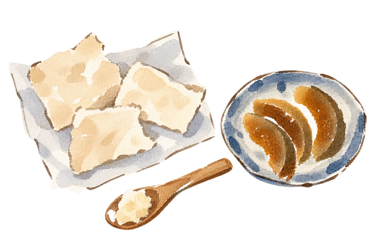 酒粕と奈良漬を並べた、ラフな水彩イラスト