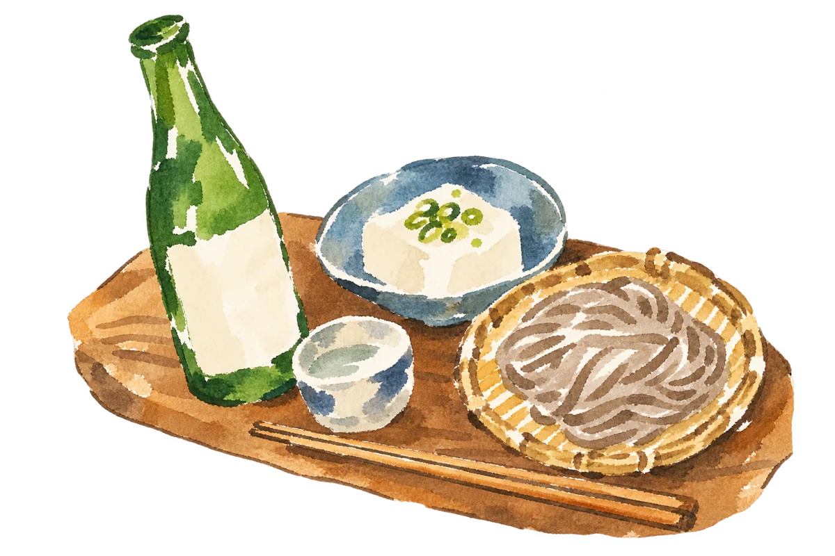 日本酒とお猪口、豆腐、蕎麦を並べた、ラフな水彩イラスト