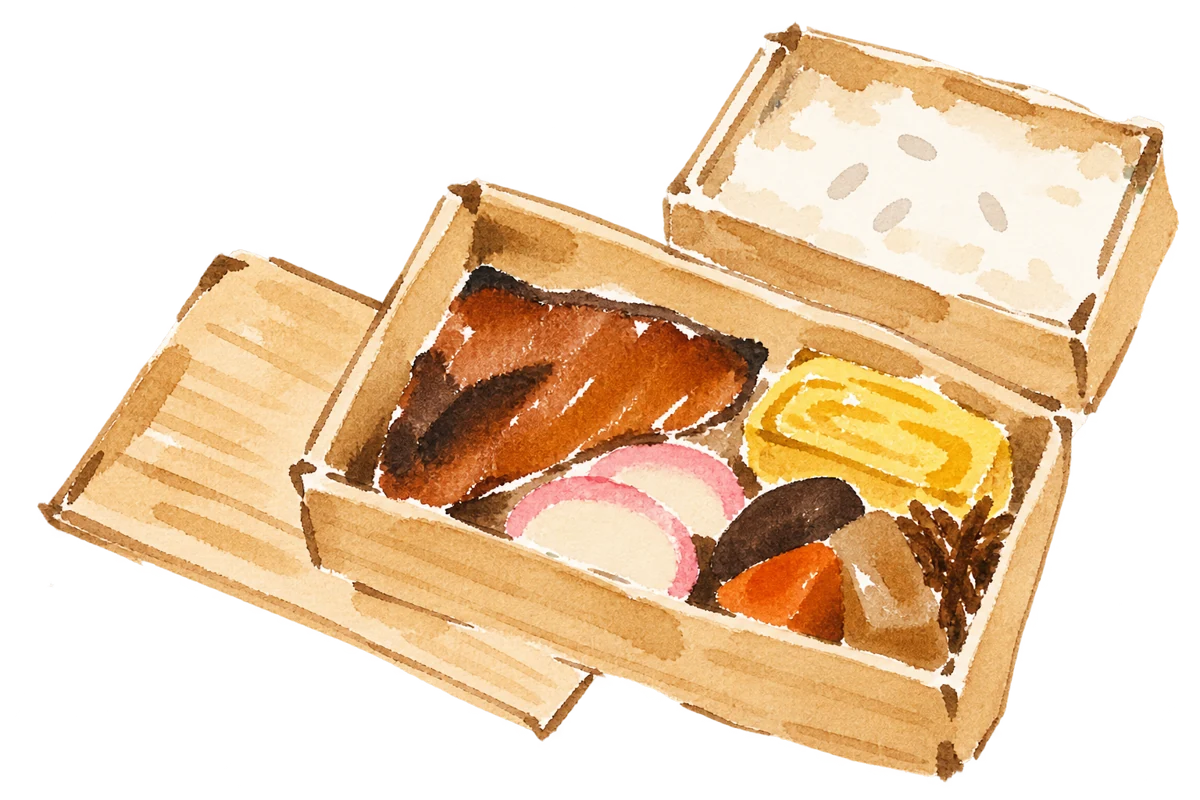 照焼や玉子焼、野菜の煮物と白飯を経木の折箱に詰めた、水彩イラスト