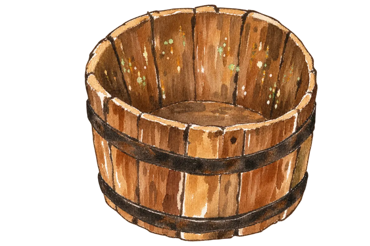 内側に小さな微生物の気配が残る空の木桶を描いた、ラフな水彩イラスト